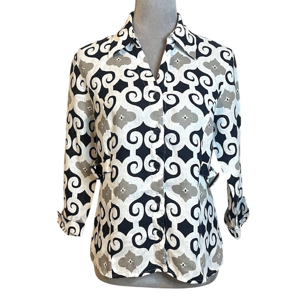 100% Linen Geometric Top Blouse Breathable Vacation Resortwear Lightweight
